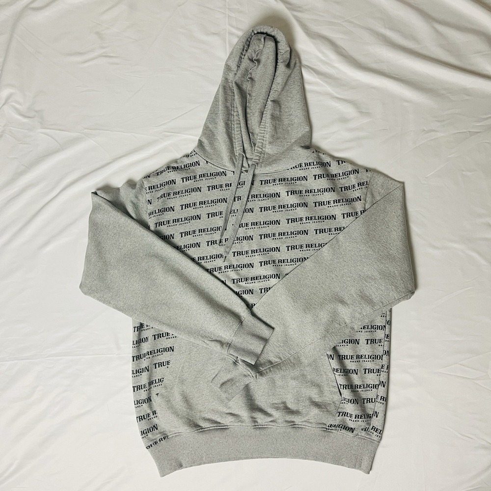 True Religion Mens L Slanted Repeat Logo Hoodie Gray Heather Pullover Terry